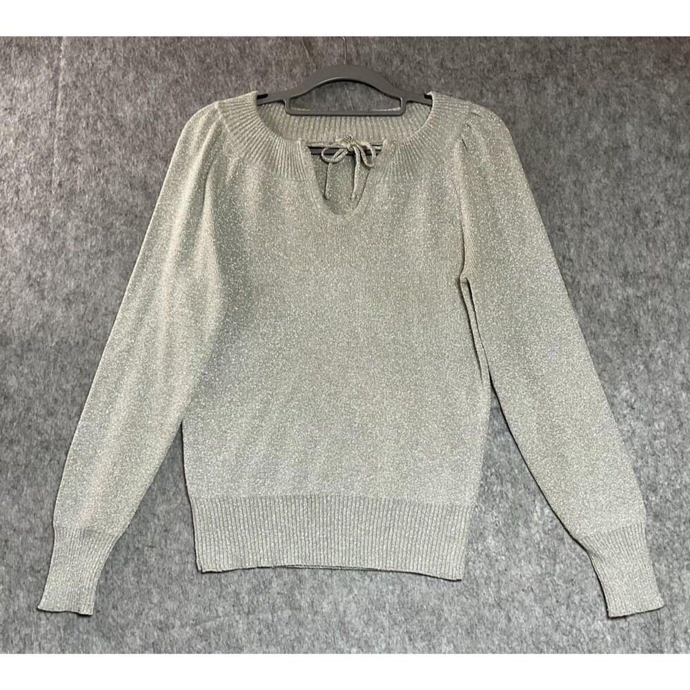 Vintage Sweater Womens Medium Silver Shimmer Pullover Retro Hong Kong Made